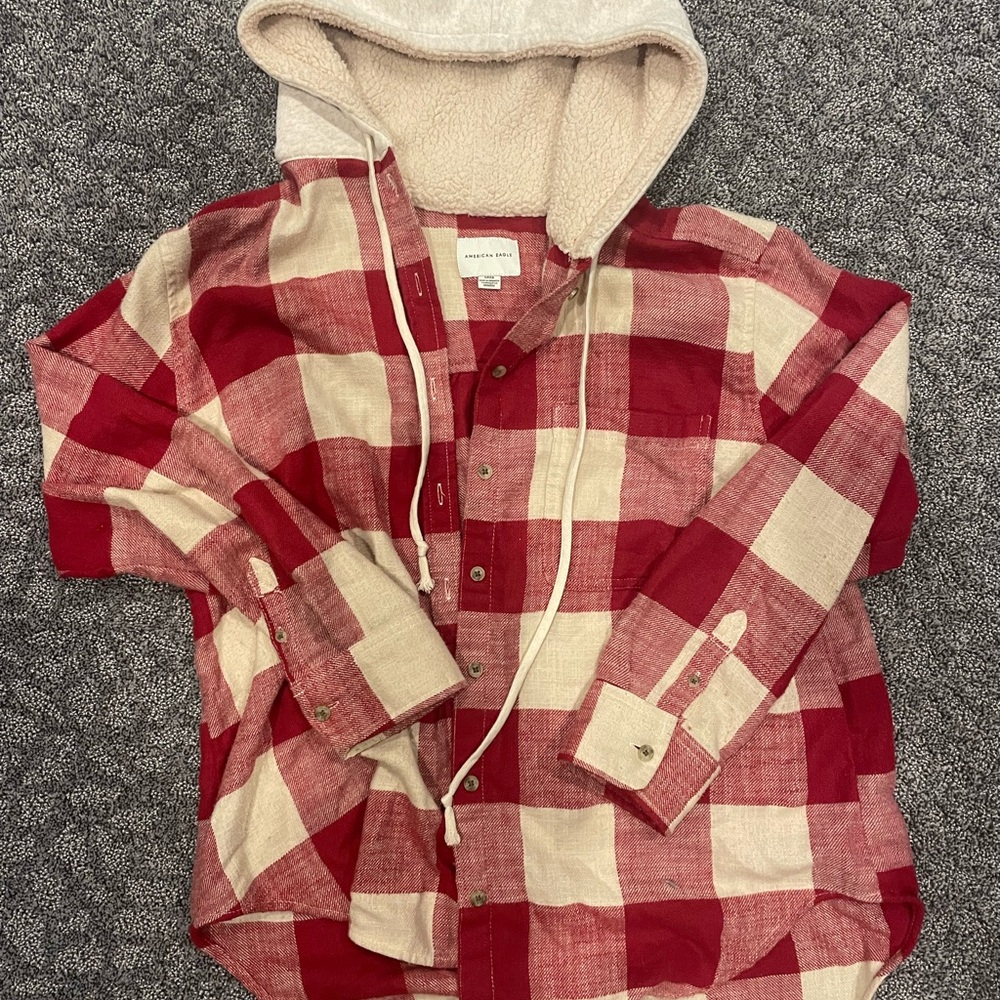 American Eagle Outfitters Red and Cream Plaid Button Down Shirt with Hood
